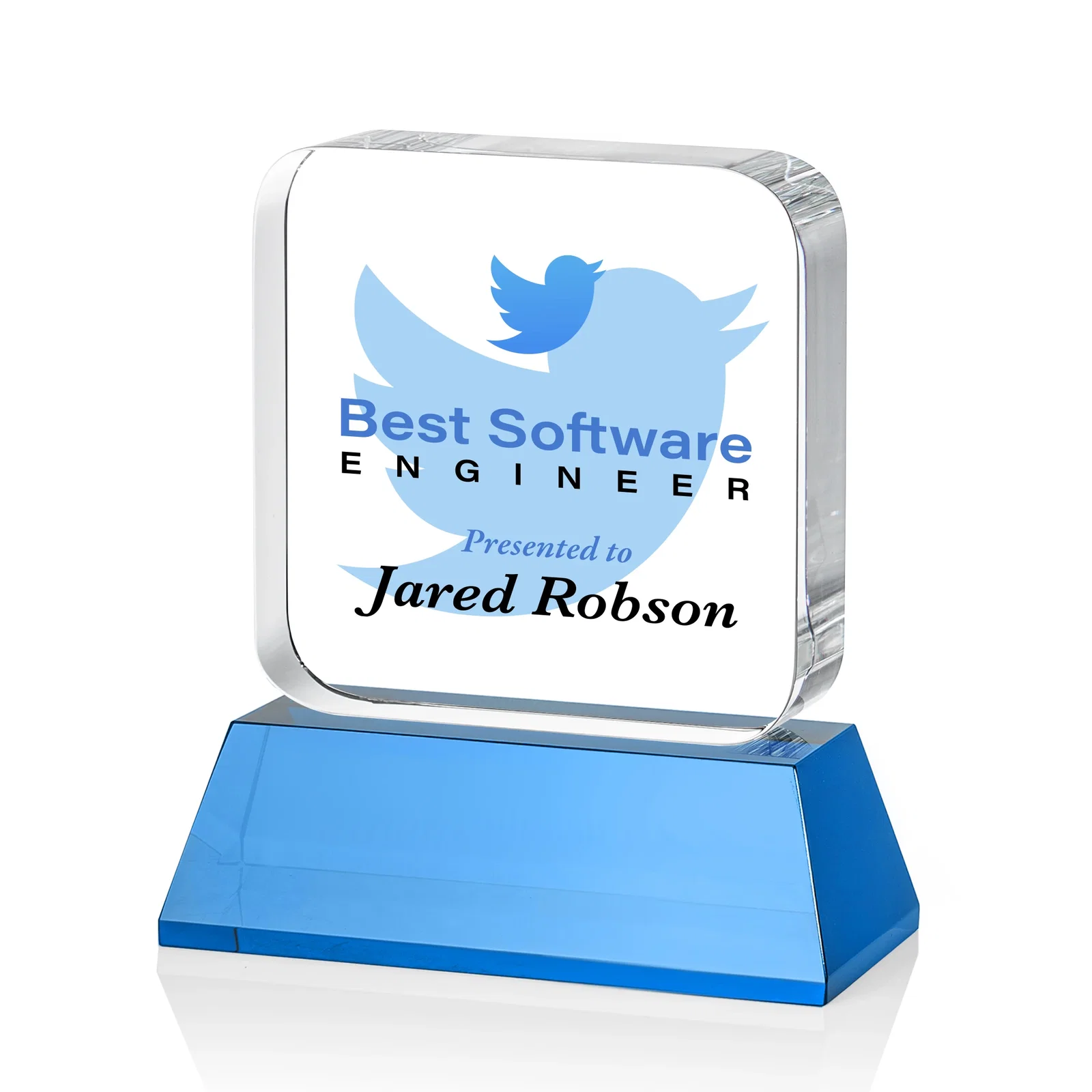Custom engraved Rounded-Edge Optical Crystal Block Award on an Amber Crystal Base, awards for dealer and partner awards