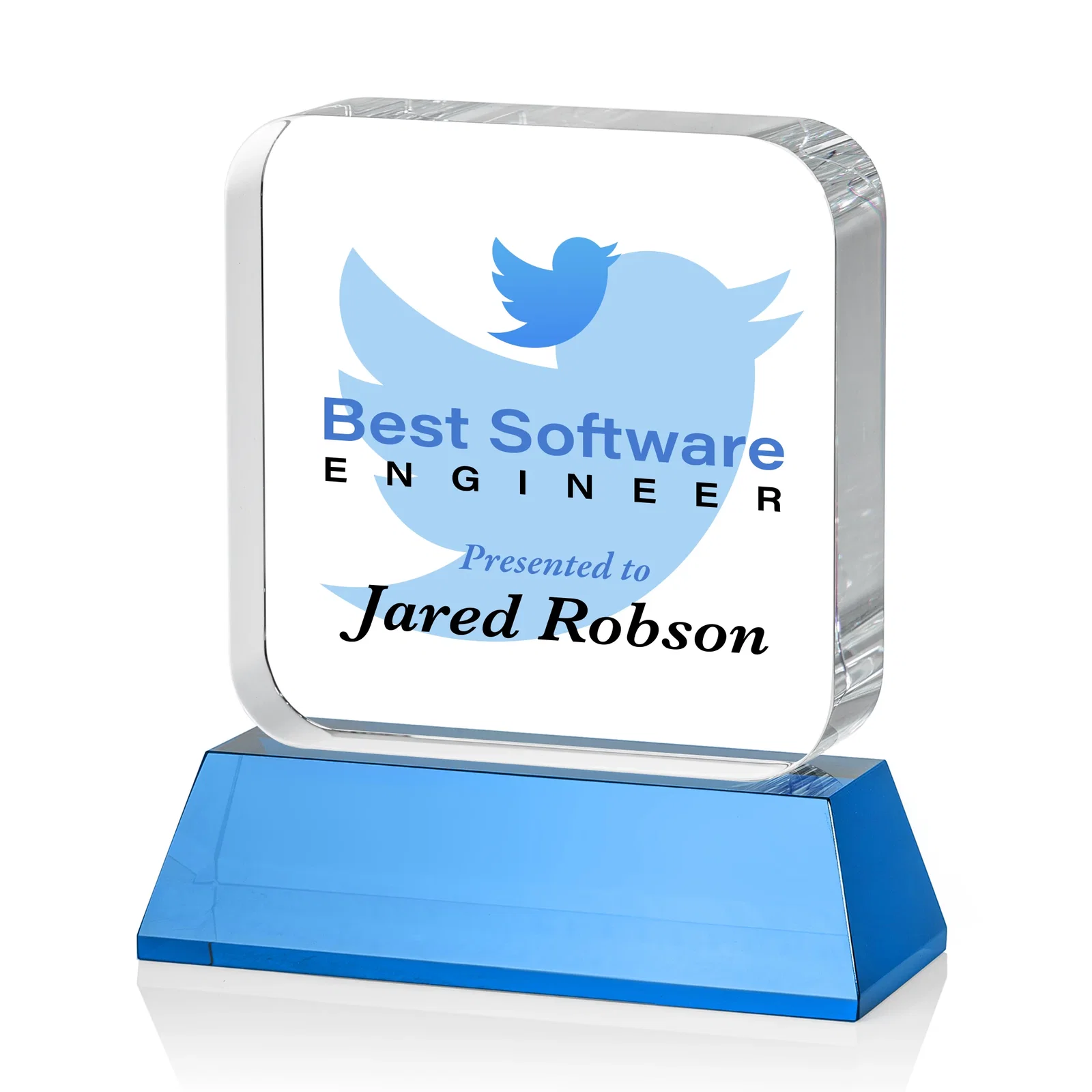 Custom engraved Rounded-Edge Optical Crystal Block Award on an Amber Crystal Base, awards for company anniversary events