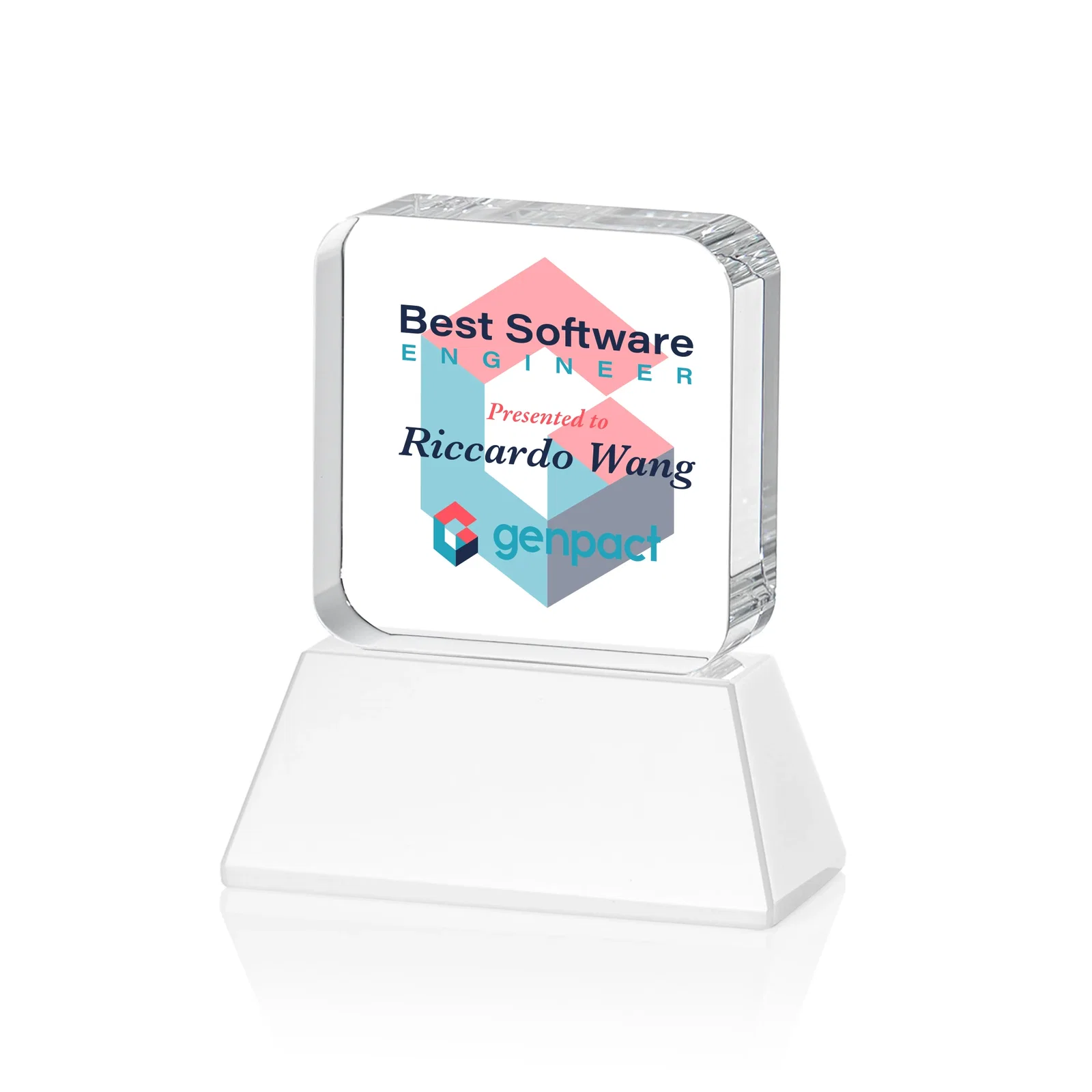 Custom Rounded-Edge Optical Crystal Block Award on an Amber Crystal Base, awards, with your logo for corporate award ceremonies