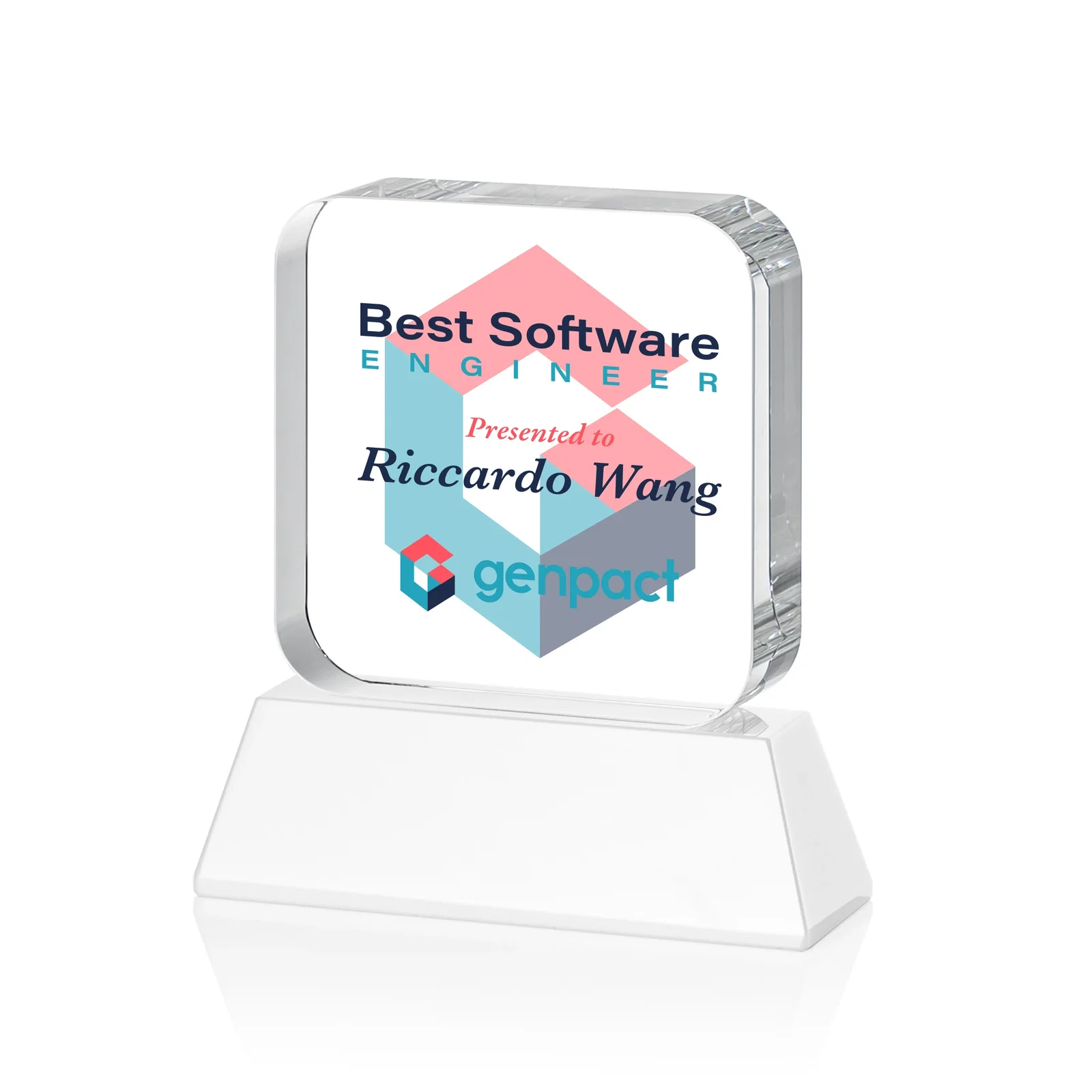 Custom Rounded-Edge Optical Crystal Block Award on an Amber Crystal Base, awards, with your logo for service anniversary gifts