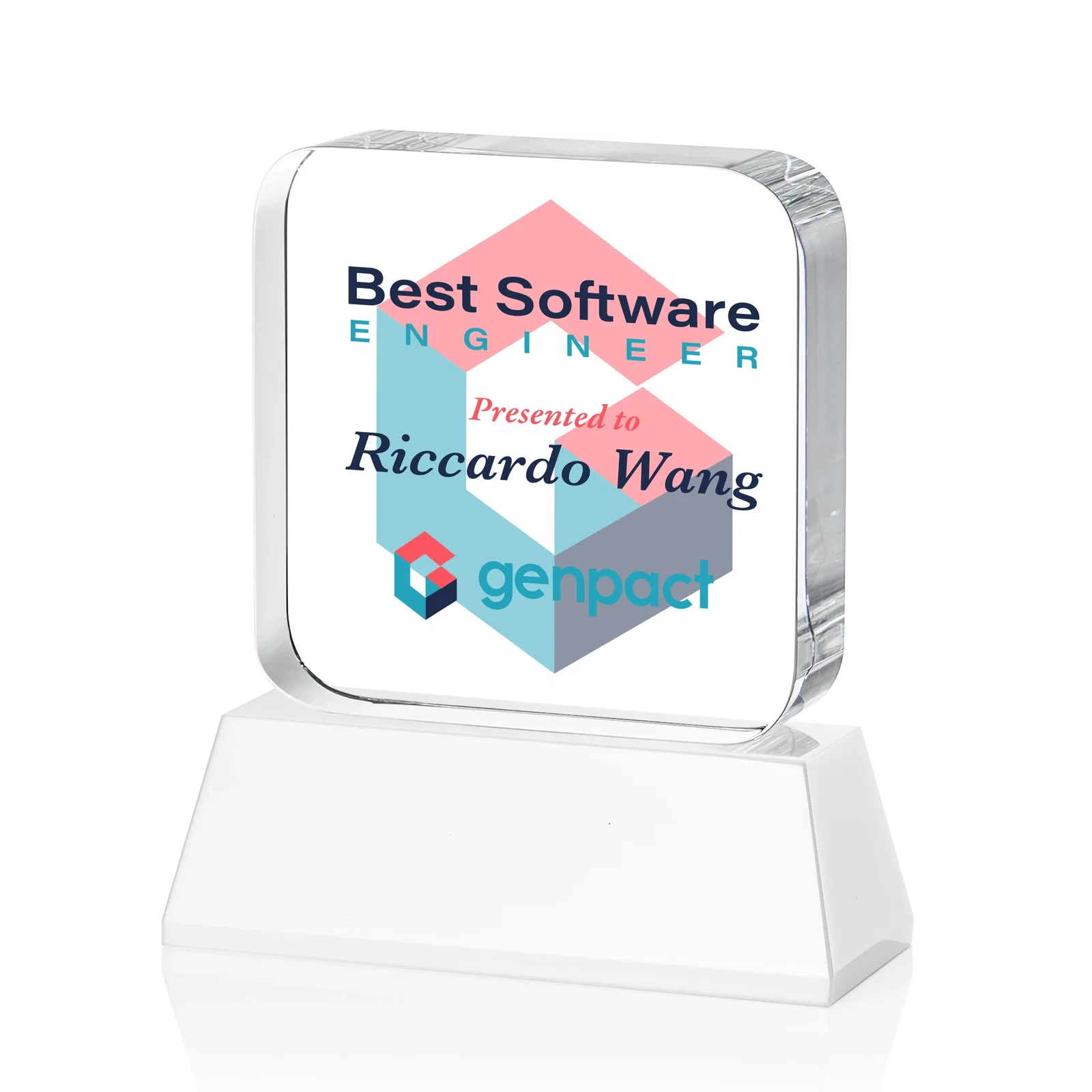 Custom Rounded-Edge Optical Crystal Block Award on an Amber Crystal Base, awards, with your logo for sales achievement awards
