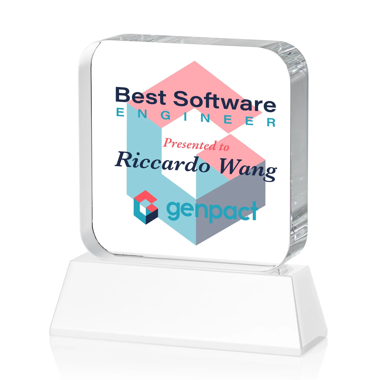 Custom Rounded-Edge Optical Crystal Block Award on an Amber Crystal Base, awards, with your logo for retirement presentations