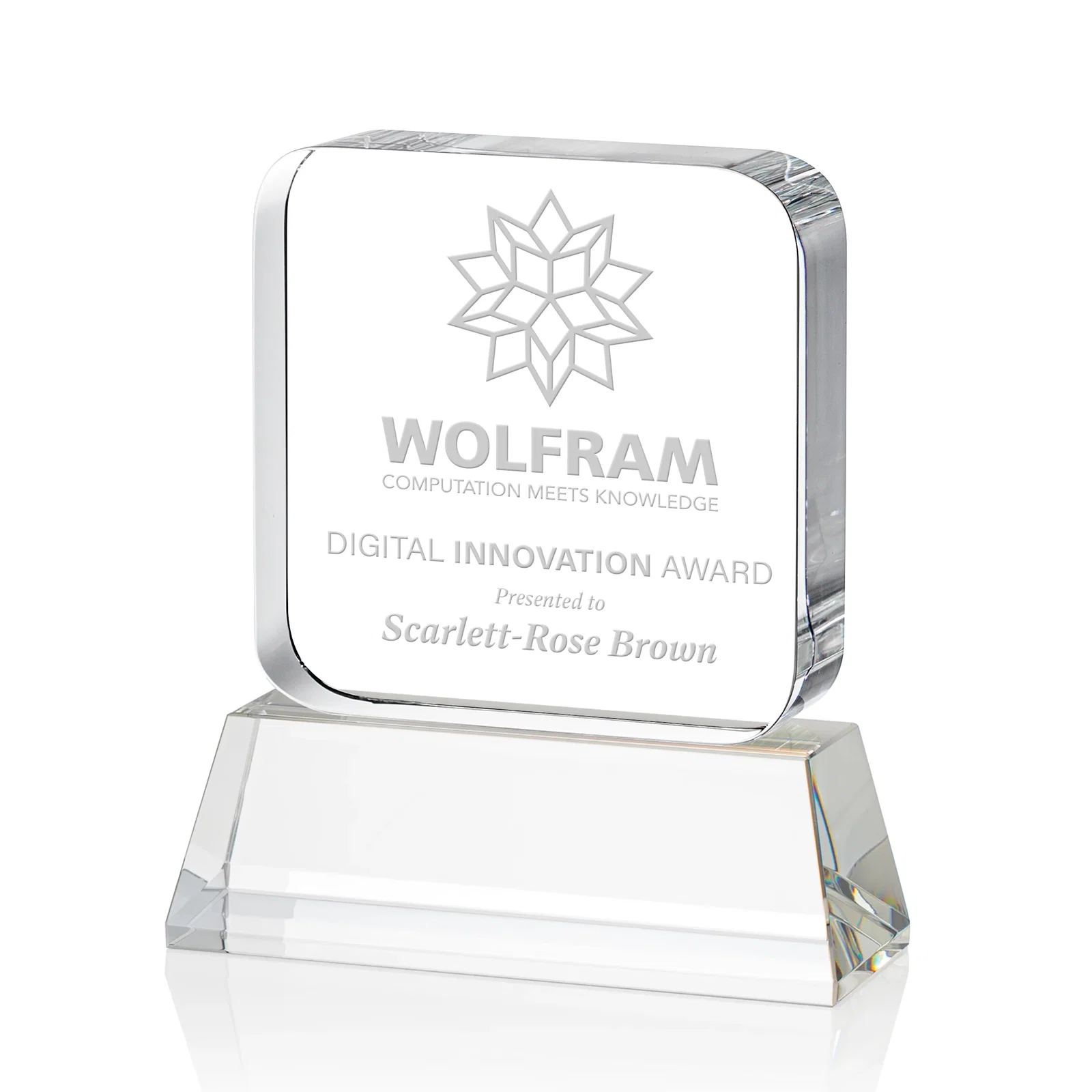 Custom Rounded-Edge Optical Crystal Block Award on an Amber Crystal Base, awards for safety achievement programs