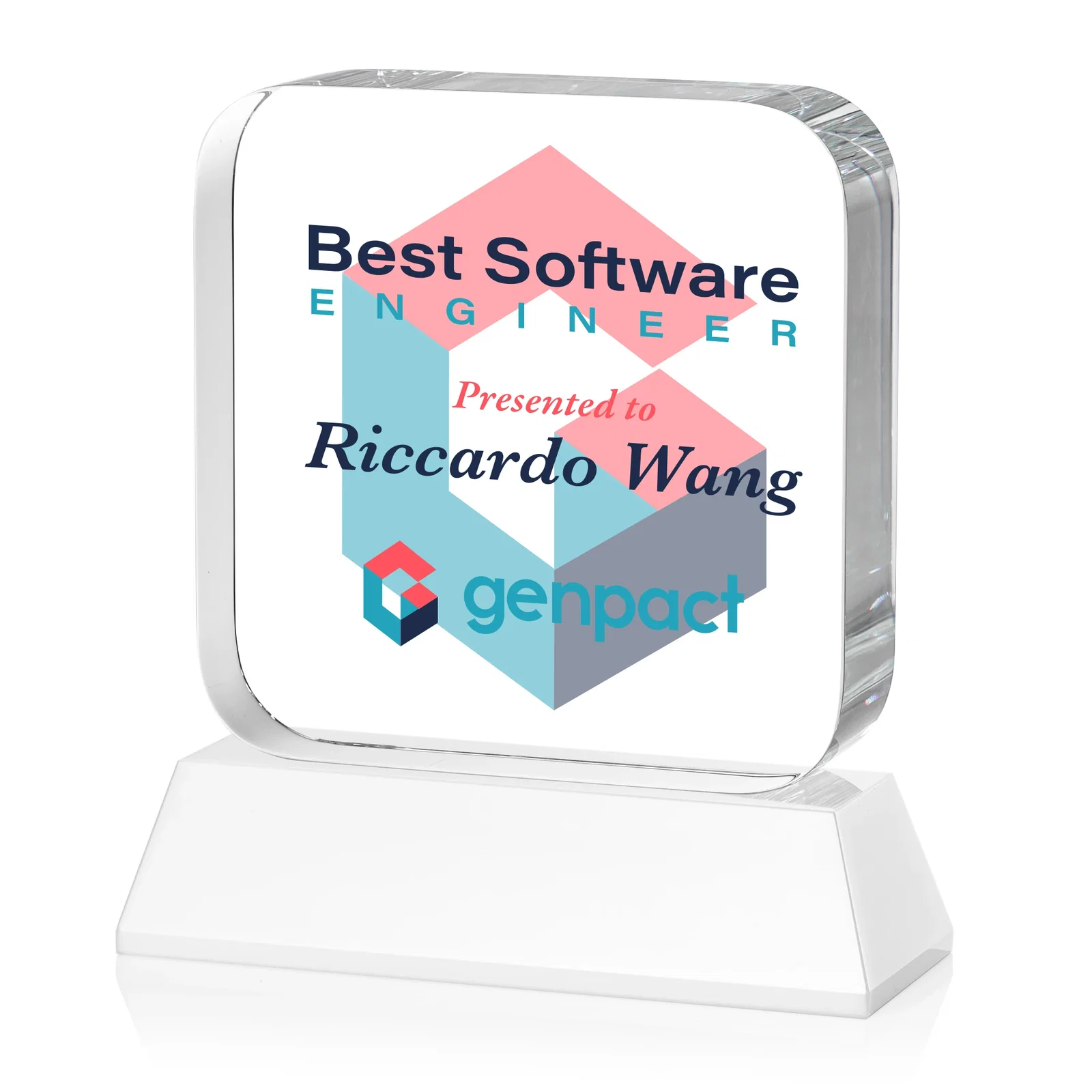 Custom Rounded-Edge Optical Crystal Block Award on an Amber Crystal Base, awards, with your logo for team milestone celebrations