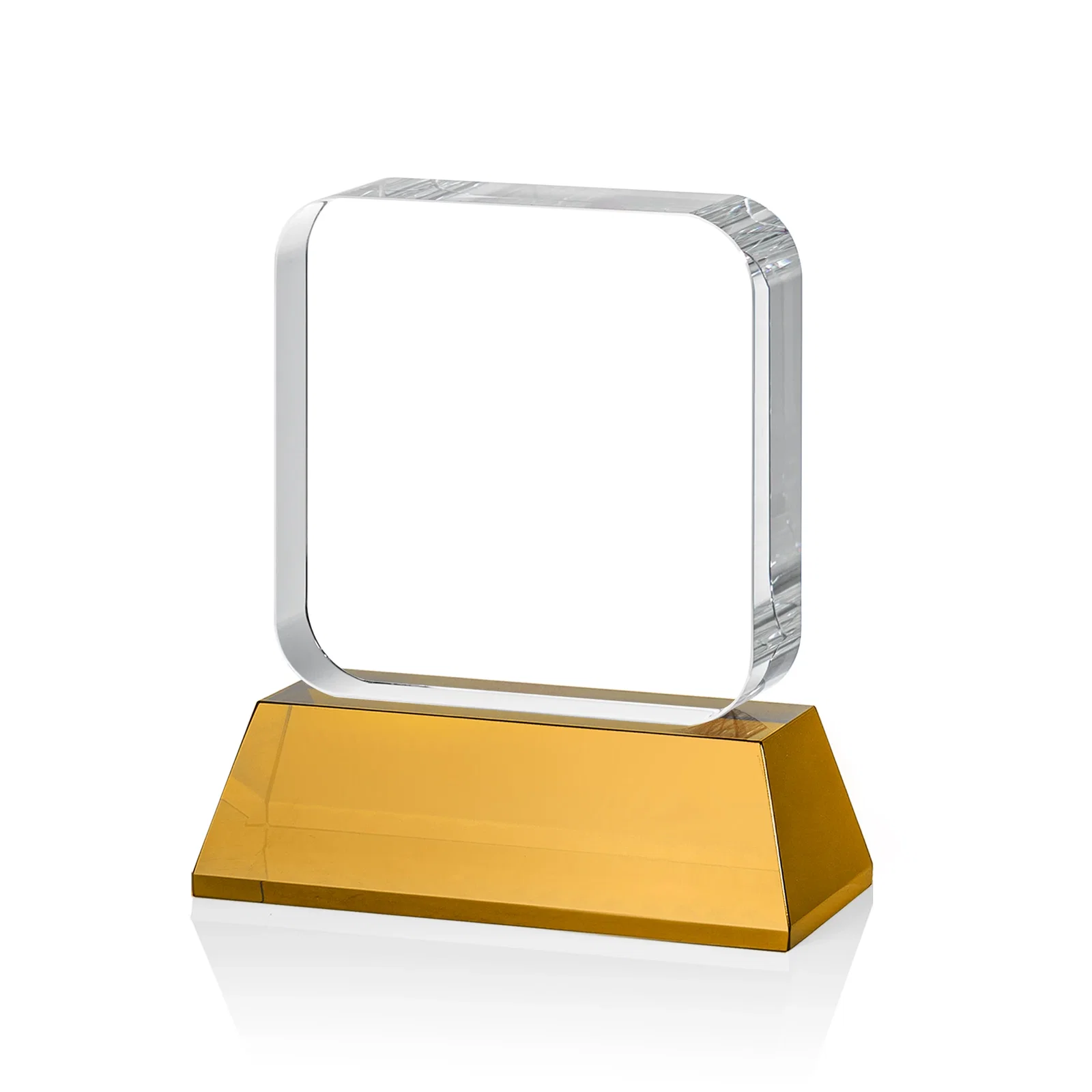 Custom Rounded-Edge Optical Crystal Block Award on an Amber Crystal Base, awards, with your logo for graduation ceremonies