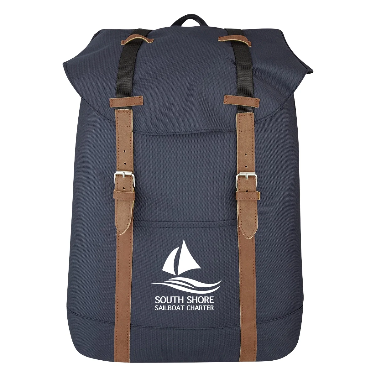 Drawstring backpack with a fold-over flap closure