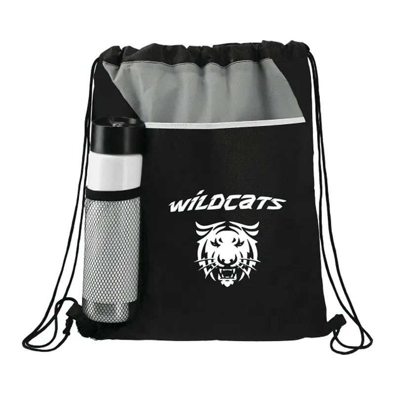 Custom Flare Drawstring Bag with Front Pocket and Water Bottle Pocket — view 1
