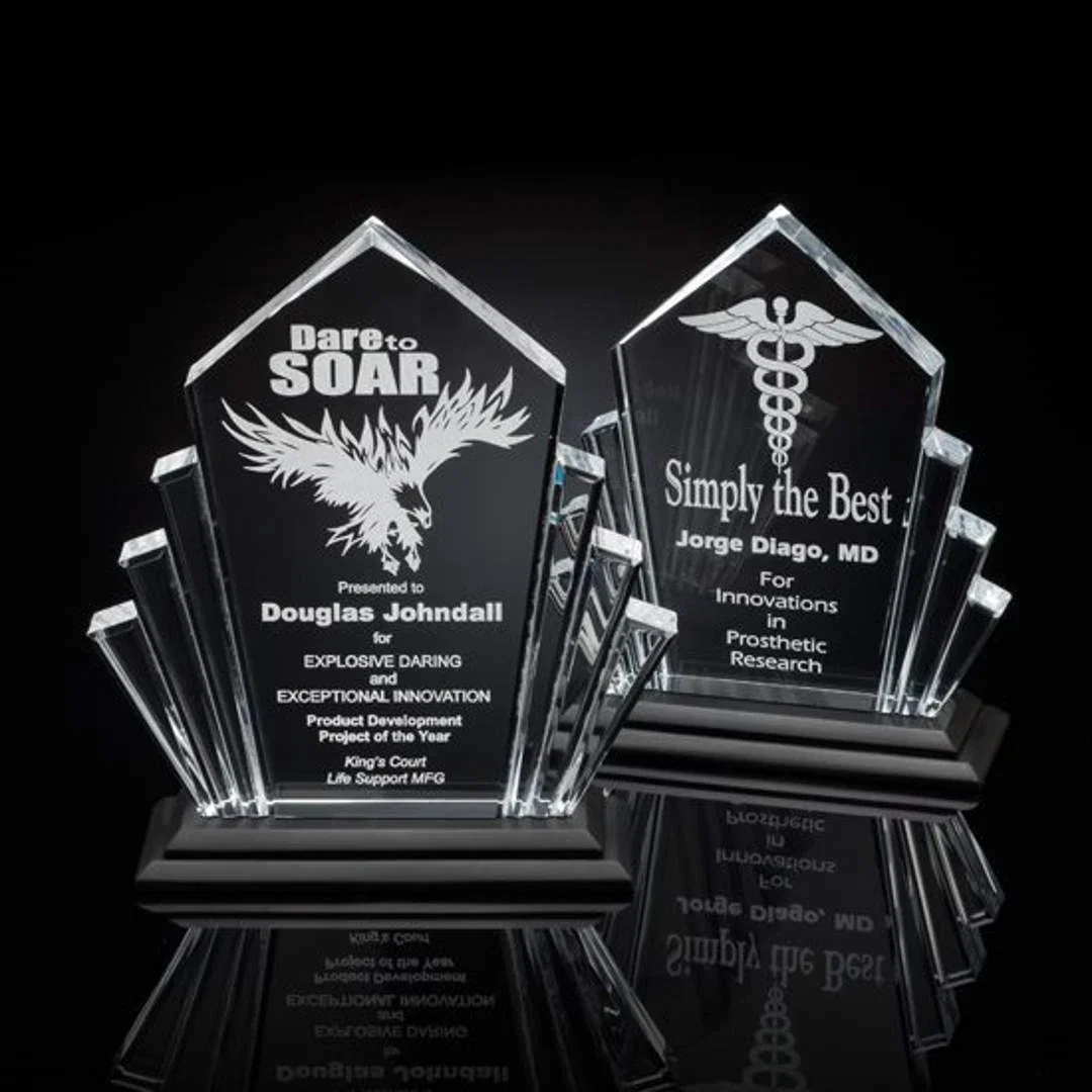 Custom Beveled Acrylic Beam Award on Stepped Stonecast Base for employee recognition