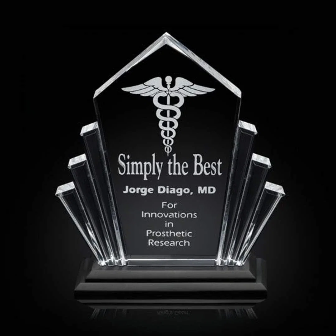 Custom Beveled Acrylic Beam Award on Stepped Stonecast Base for corporate award ceremonies