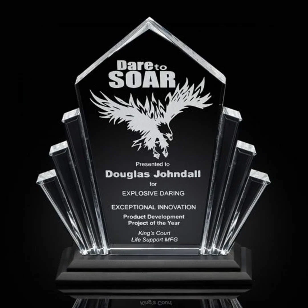 Custom Beveled Acrylic Beam Award on Stepped Stonecast Base for service anniversary gifts