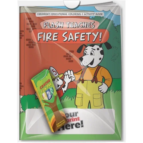 Flash Teaches Fire Safety coloring book and 4-crayon Fun Pak combo pack in a poly bag