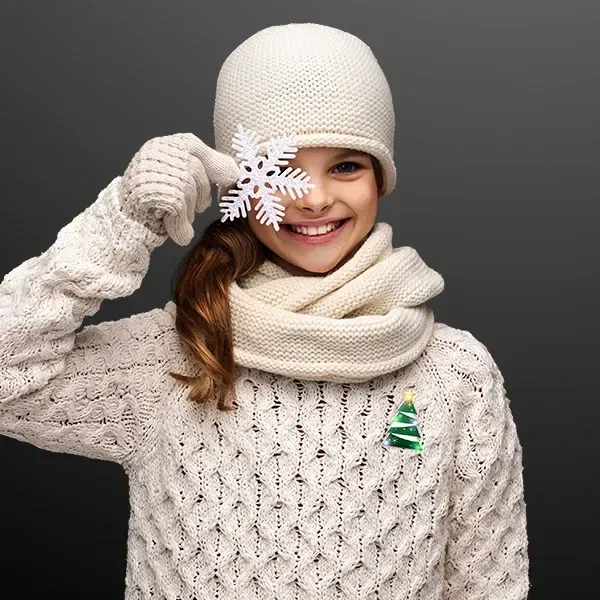 Flashing LED Christmas Tree Pin with Safety Attachment being worn