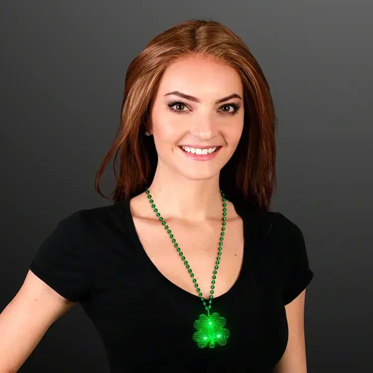 Flashing LED Shamrock Charm on Beads Necklace — view 4