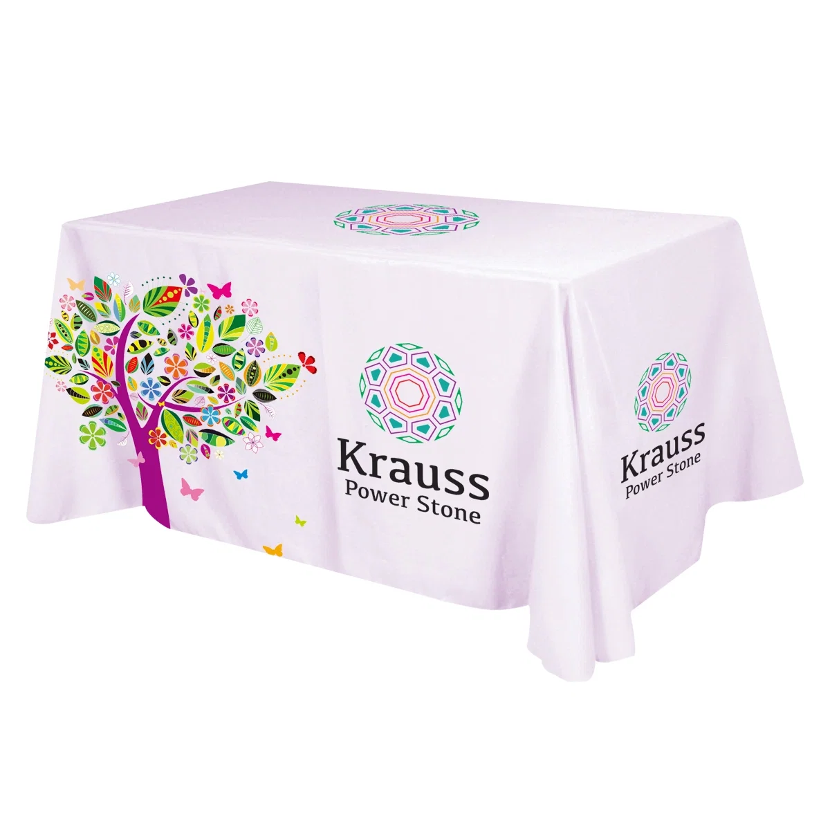 Dye sublimated cover draped over a trade show display table