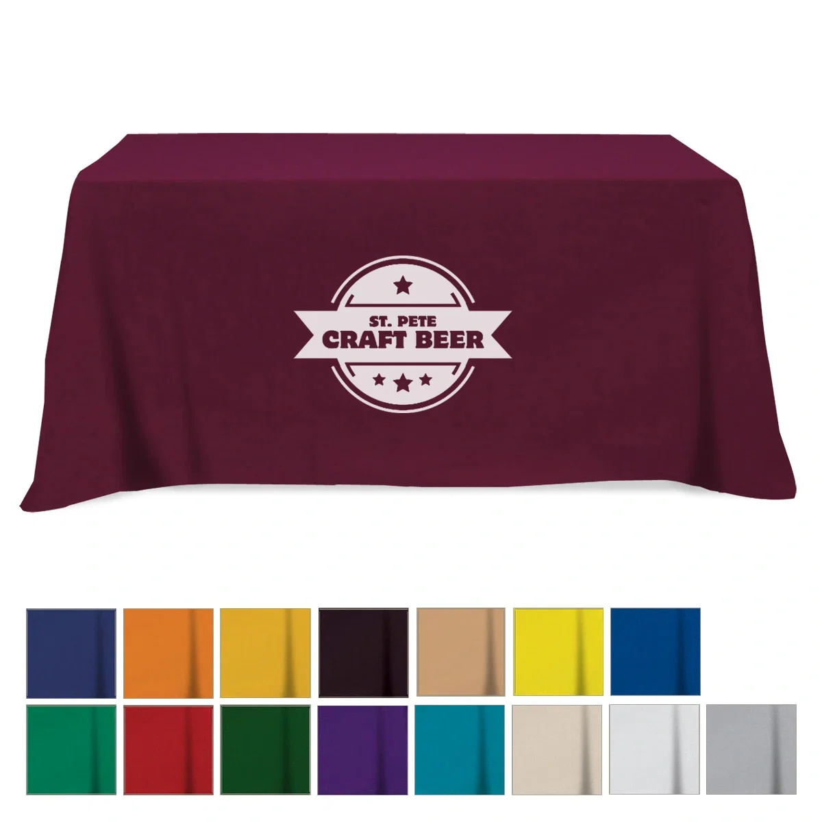 Flat cloth cover draped over a rectangular trade show table