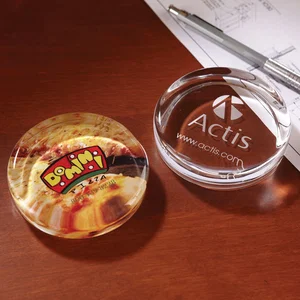 Flat Round Crystal Paperweight, 3.5" Diameter with 2" x 2" Imprint Area, Etched Imprint
