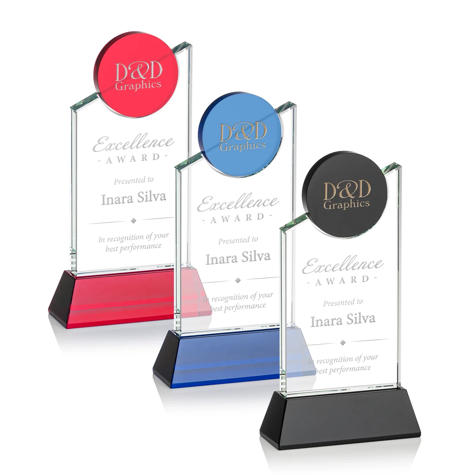 Custom Optical Crystal Tower Award with Colored Crystal Disc Inset, awards for employee recognition