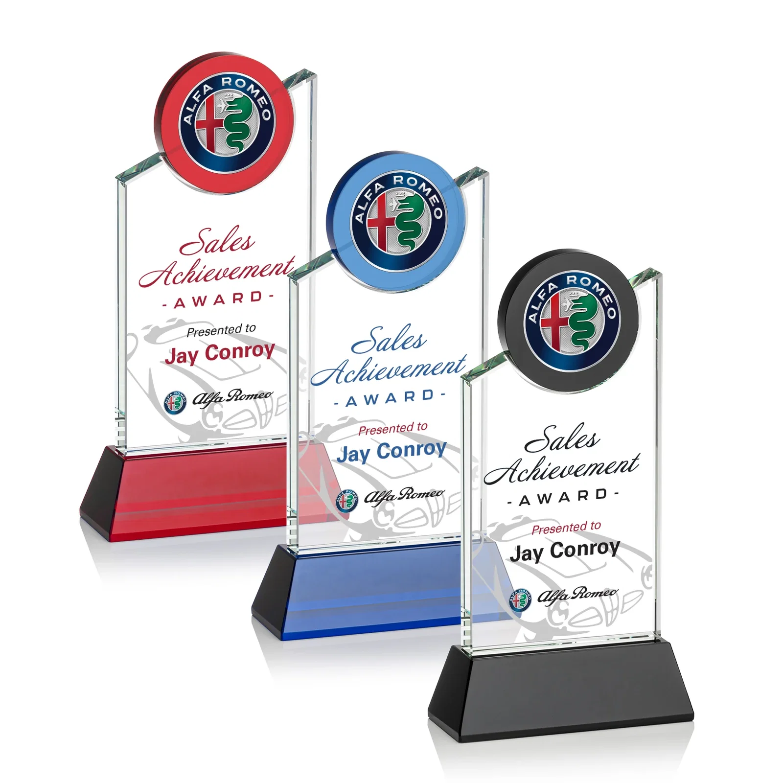 Custom Optical Crystal Tower Award with Colored Crystal Disc Inset, awards for volunteer appreciation