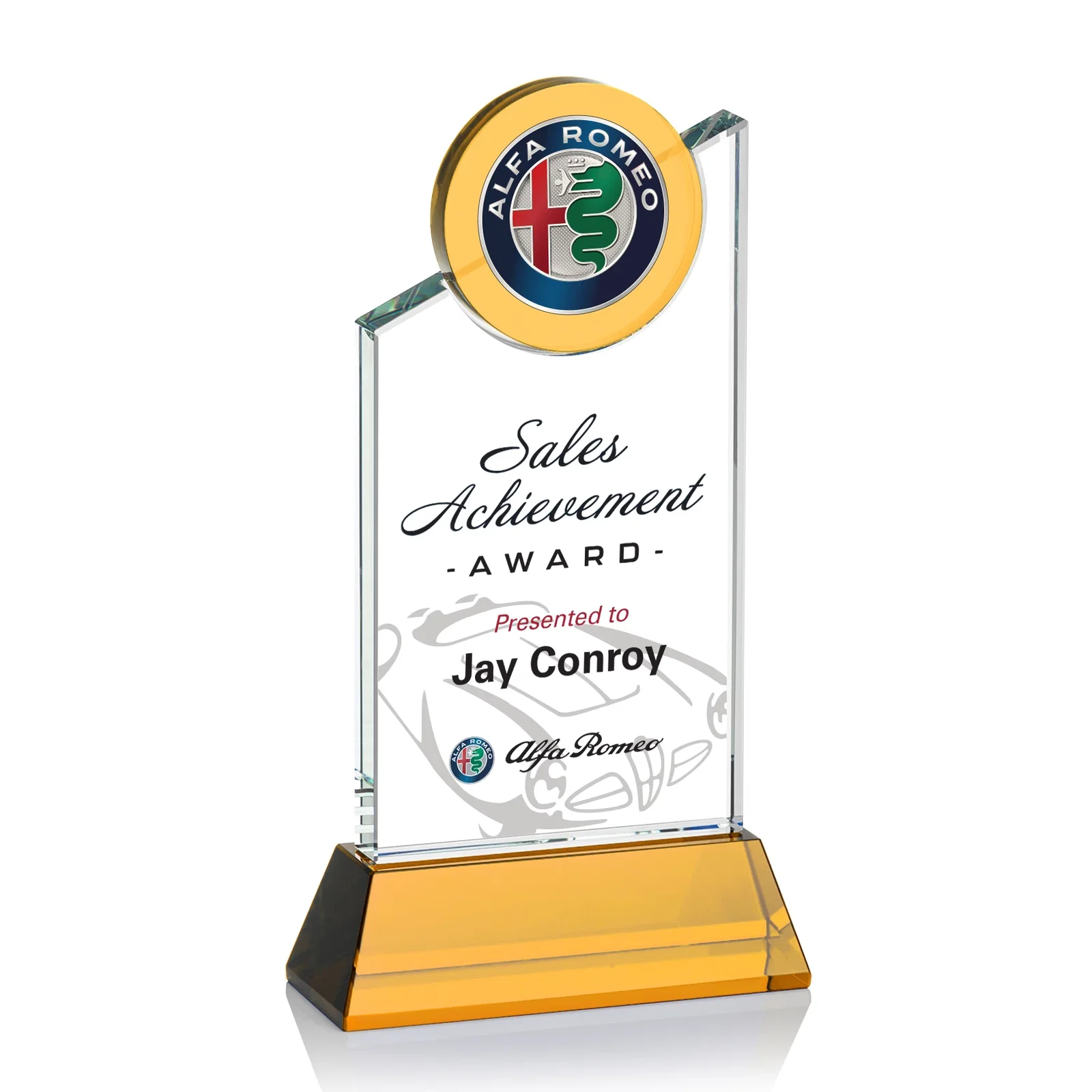 Custom Optical Crystal Tower Award with Colored Crystal Disc Inset, awards for dealer and partner awards