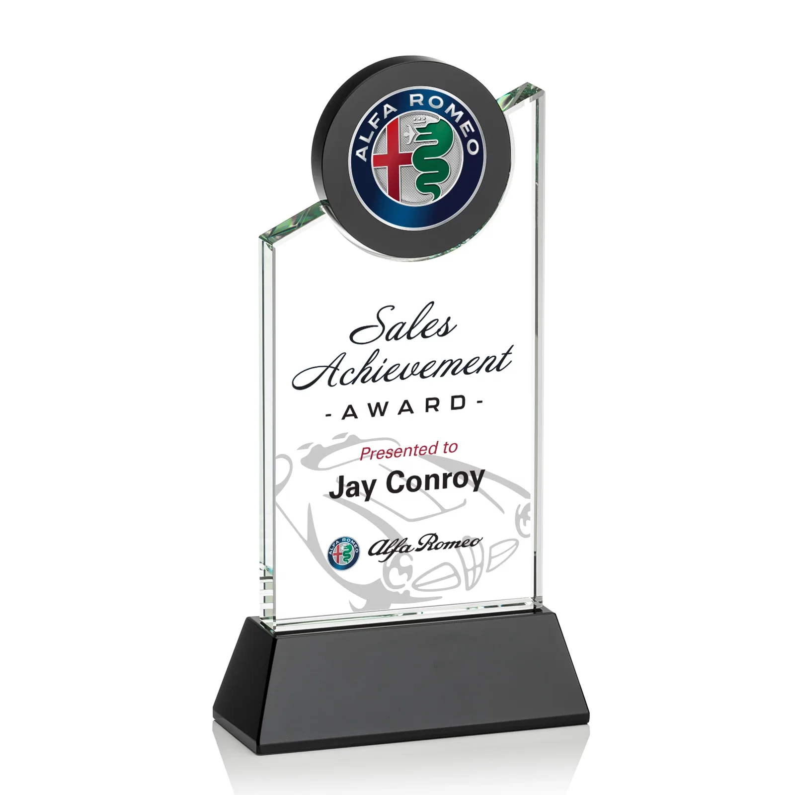 Custom Optical Crystal Tower Award with Colored Crystal Disc Inset, awards for company anniversary events