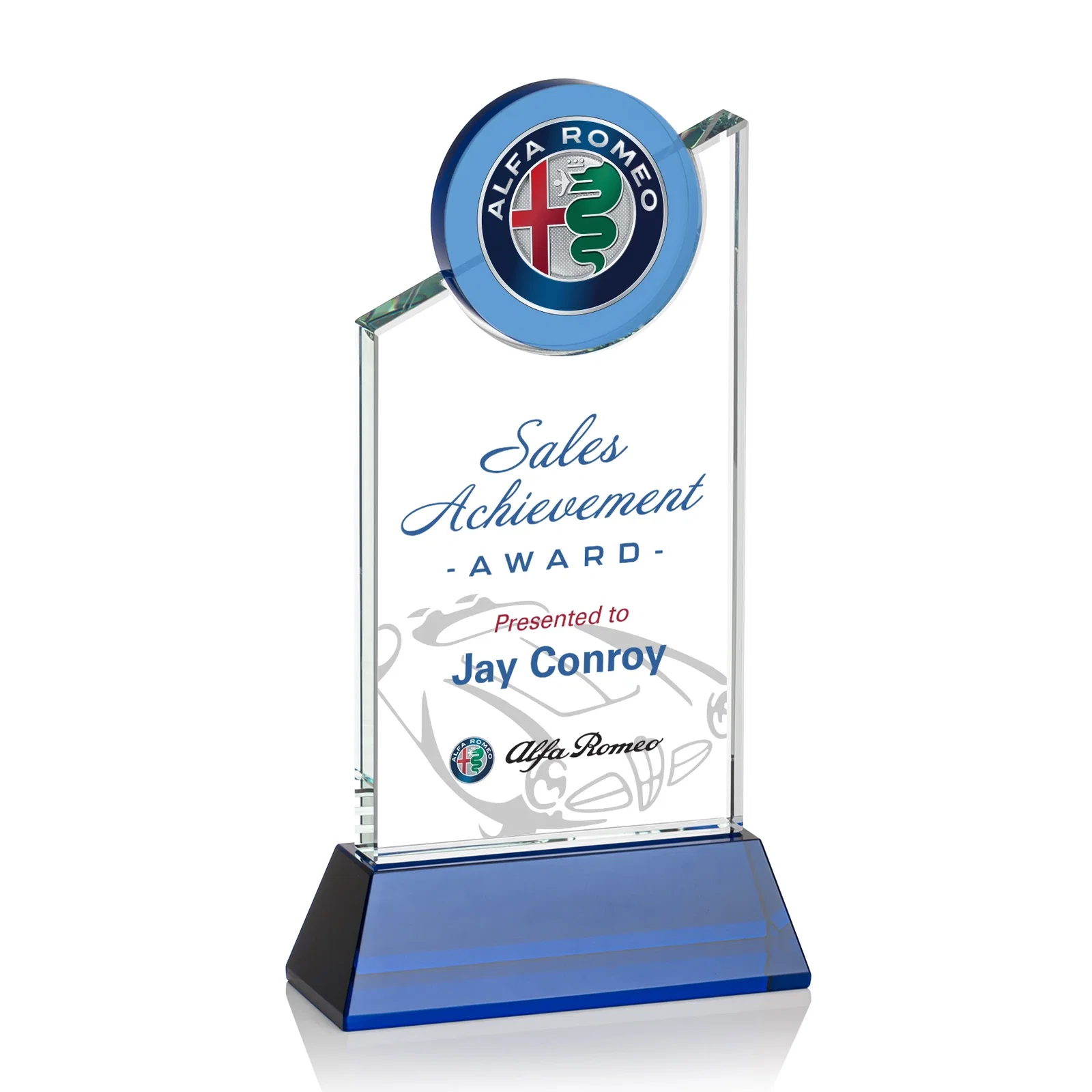 Personalized Optical Crystal Tower Award with Colored Crystal Disc Inset, awards for employee recognition