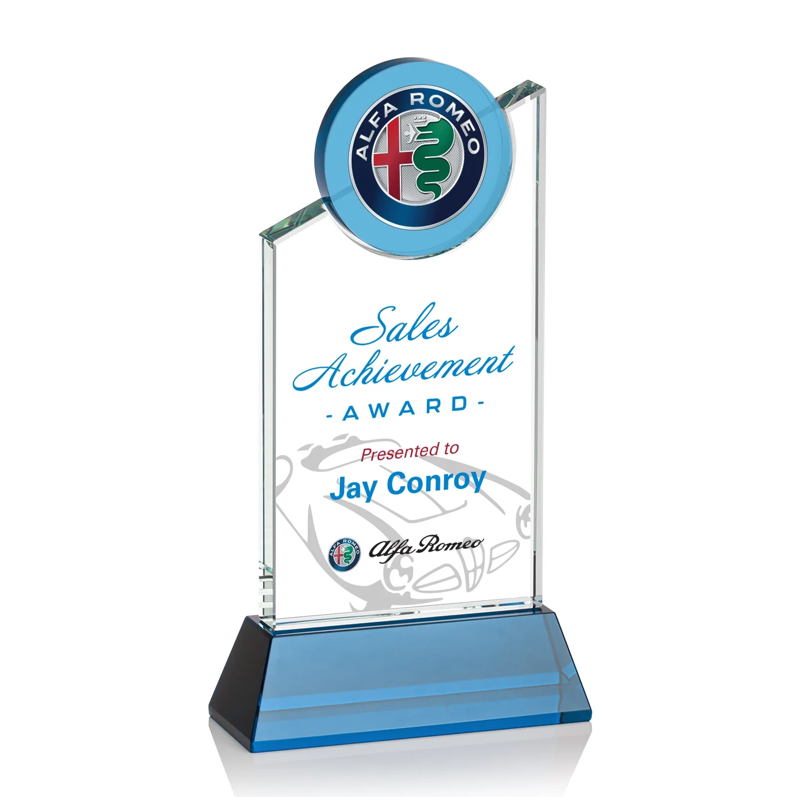 Personalized Optical Crystal Tower Award with Colored Crystal Disc Inset, awards for sales achievement awards