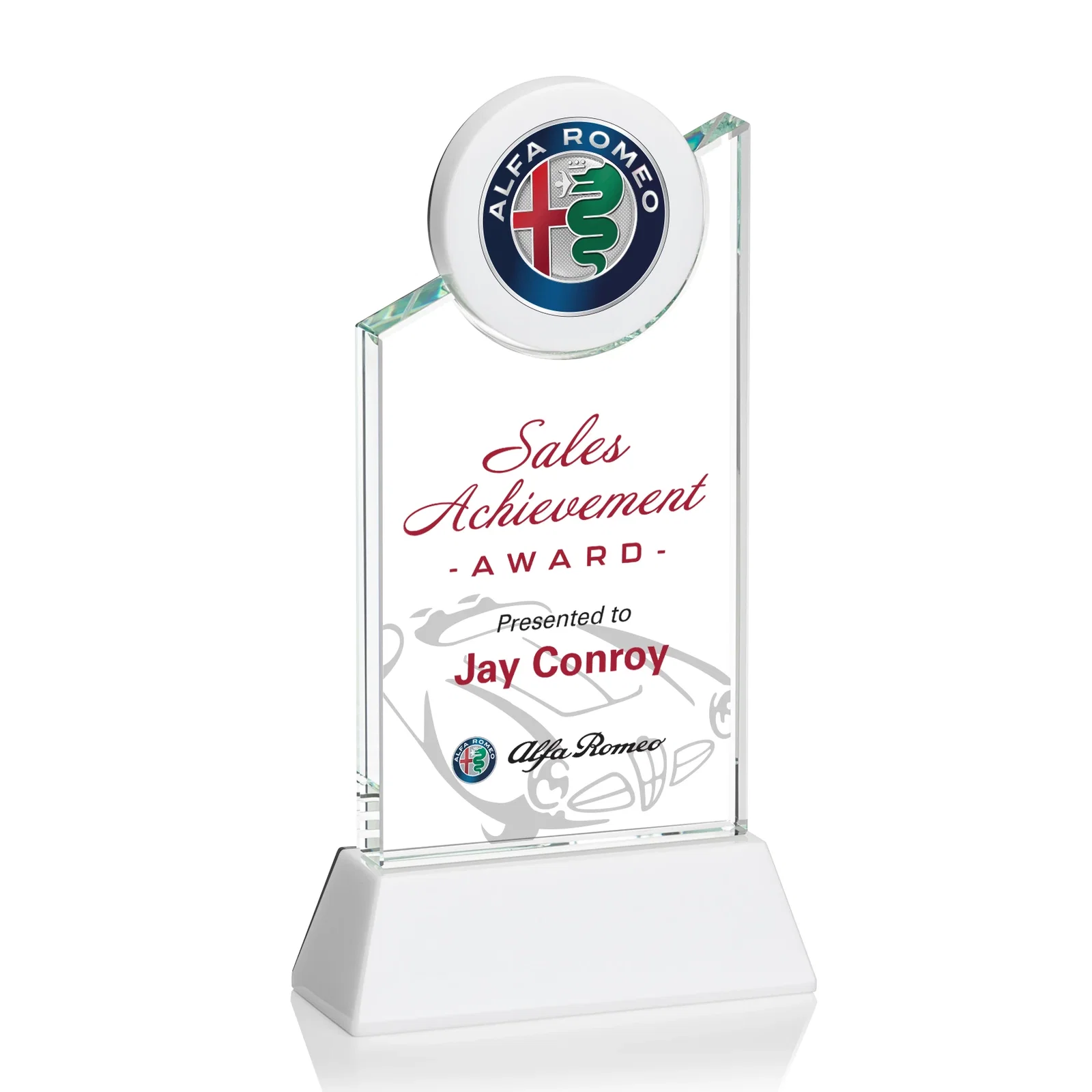 Personalized Optical Crystal Tower Award with Colored Crystal Disc Inset, awards for retirement presentations