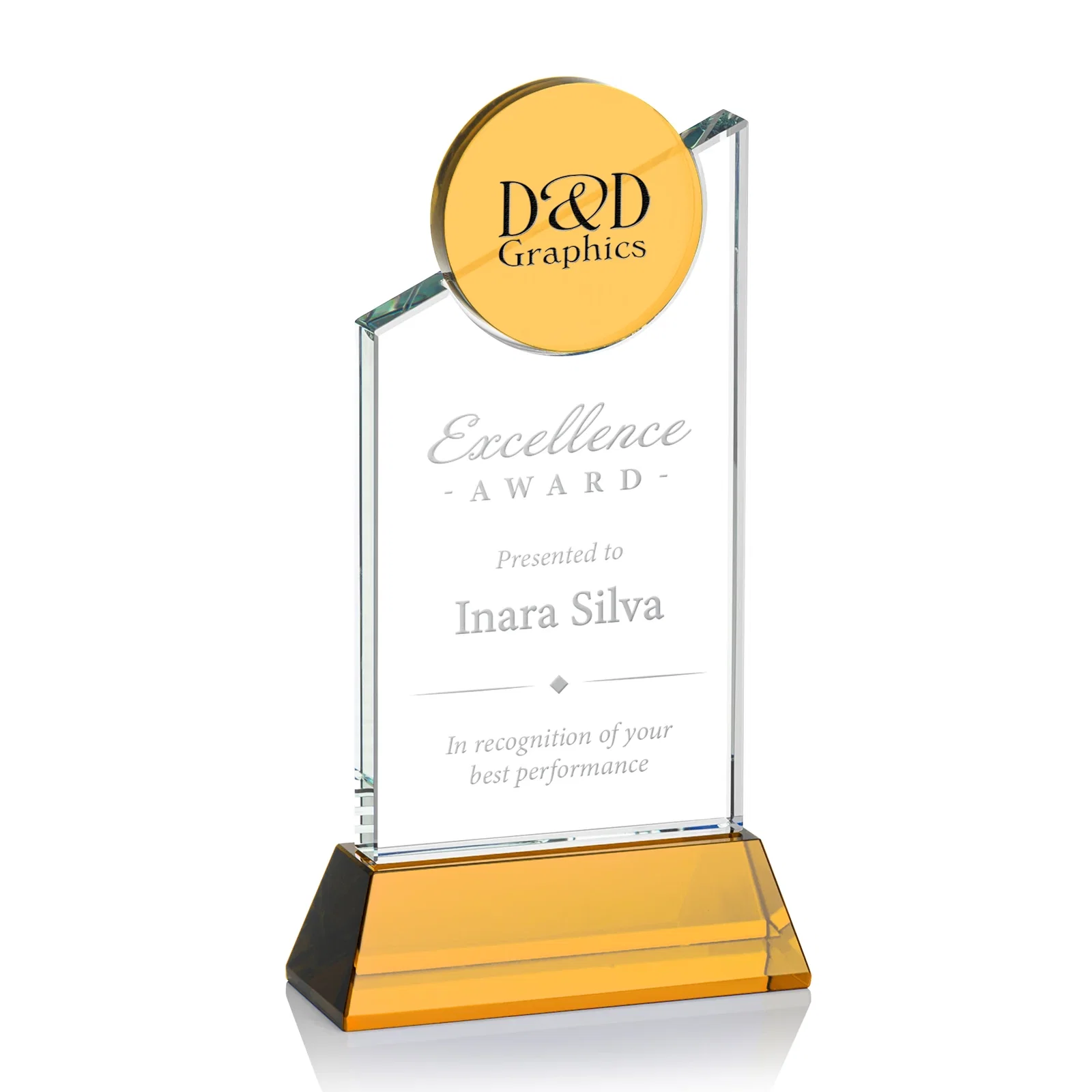 Custom Optical Crystal Tower Award with Colored Crystal Disc Inset, awards for corporate award ceremonies