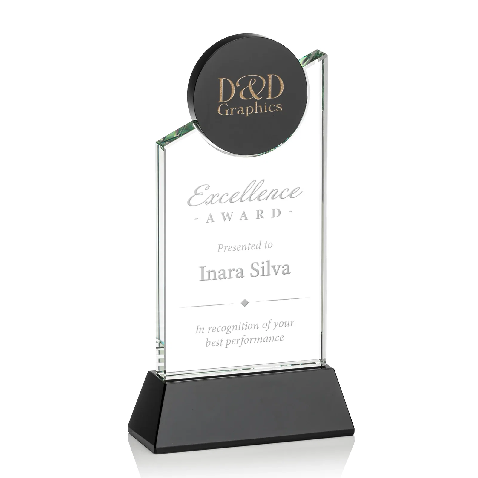 Custom Optical Crystal Tower Award with Colored Crystal Disc Inset, awards for service anniversary gifts