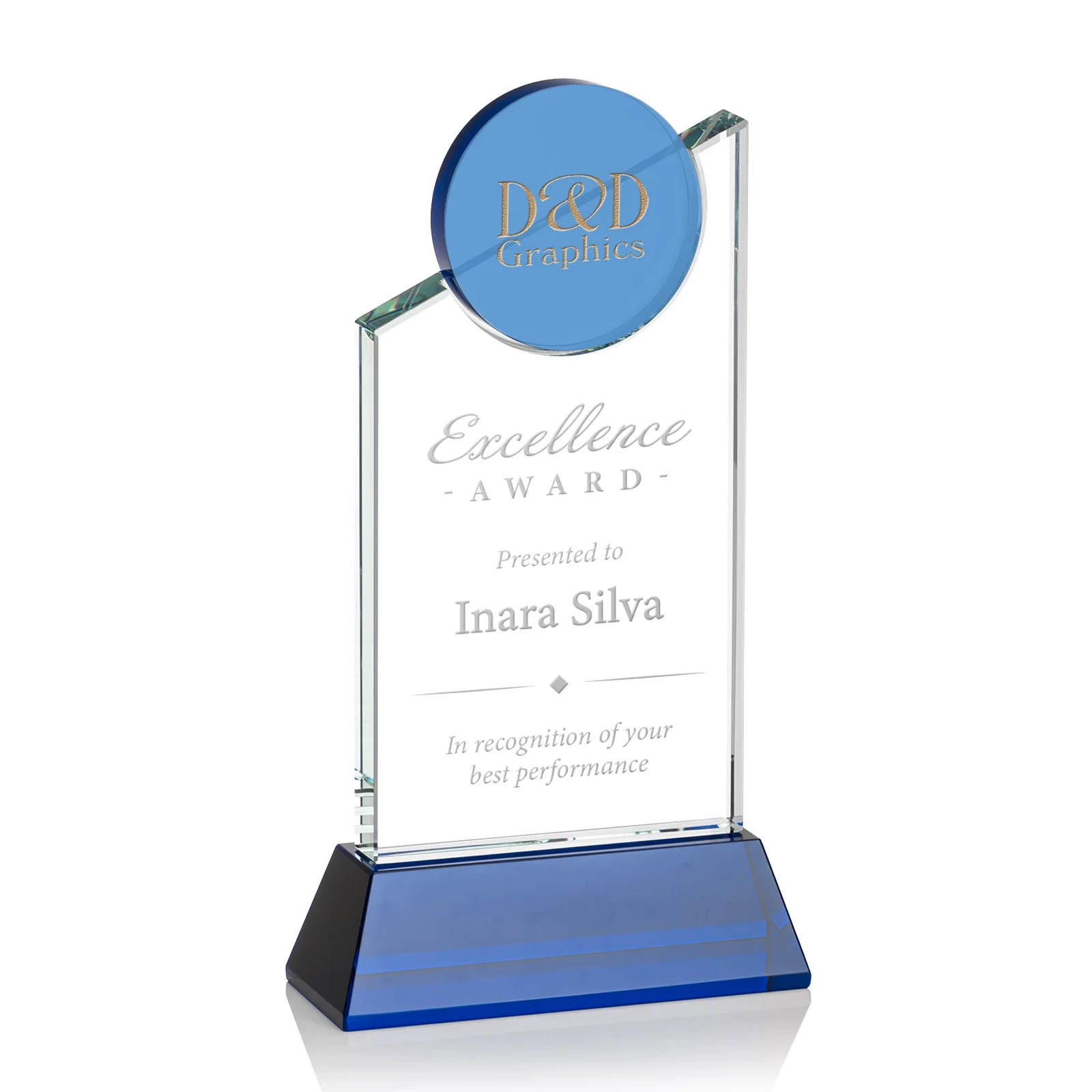 Custom Optical Crystal Tower Award with Colored Crystal Disc Inset, awards for sales achievement awards