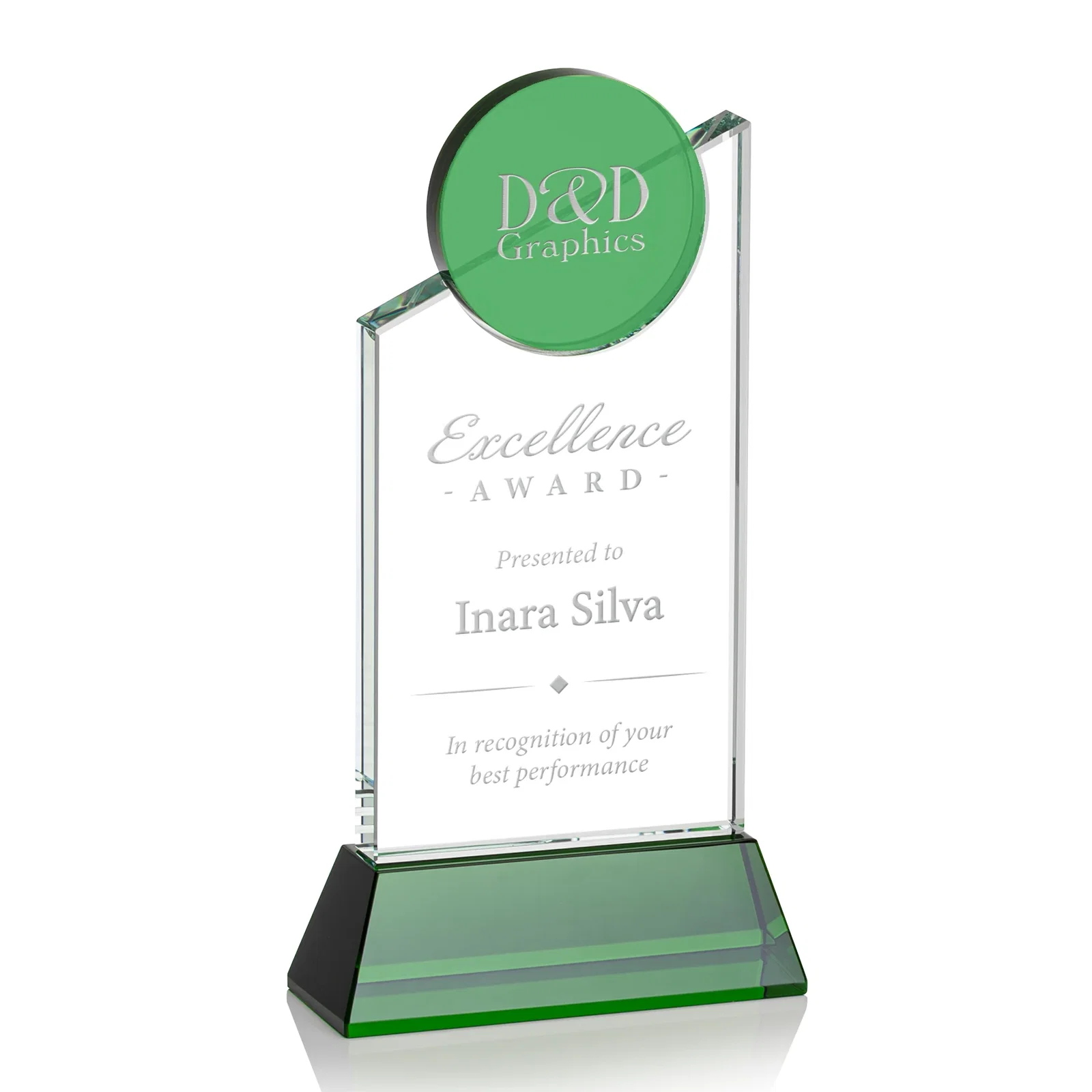 Custom Optical Crystal Tower Award with Colored Crystal Disc Inset, awards for retirement presentations
