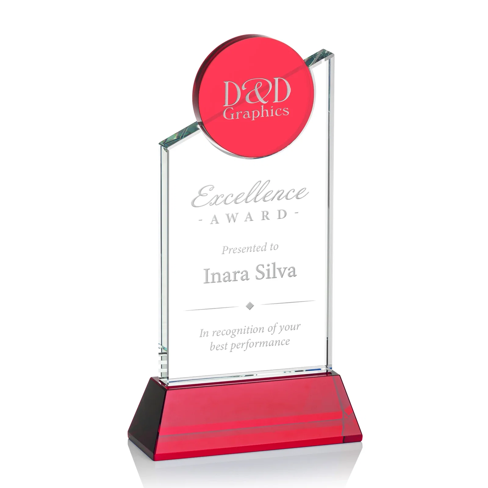 Custom Optical Crystal Tower Award with Colored Crystal Disc Inset, awards for team milestone celebrations