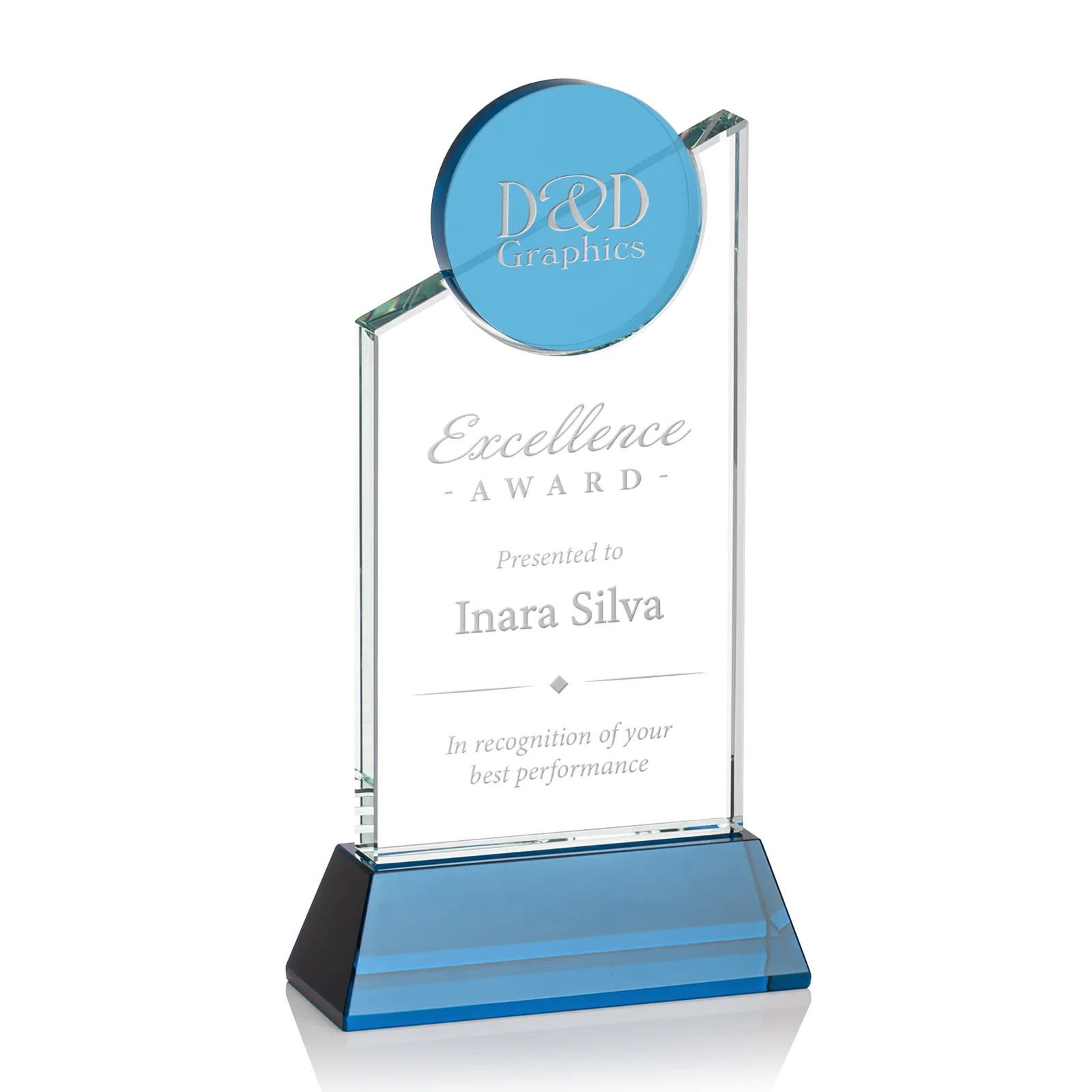 Custom Optical Crystal Tower Award with Colored Crystal Disc Inset, awards for donor appreciation