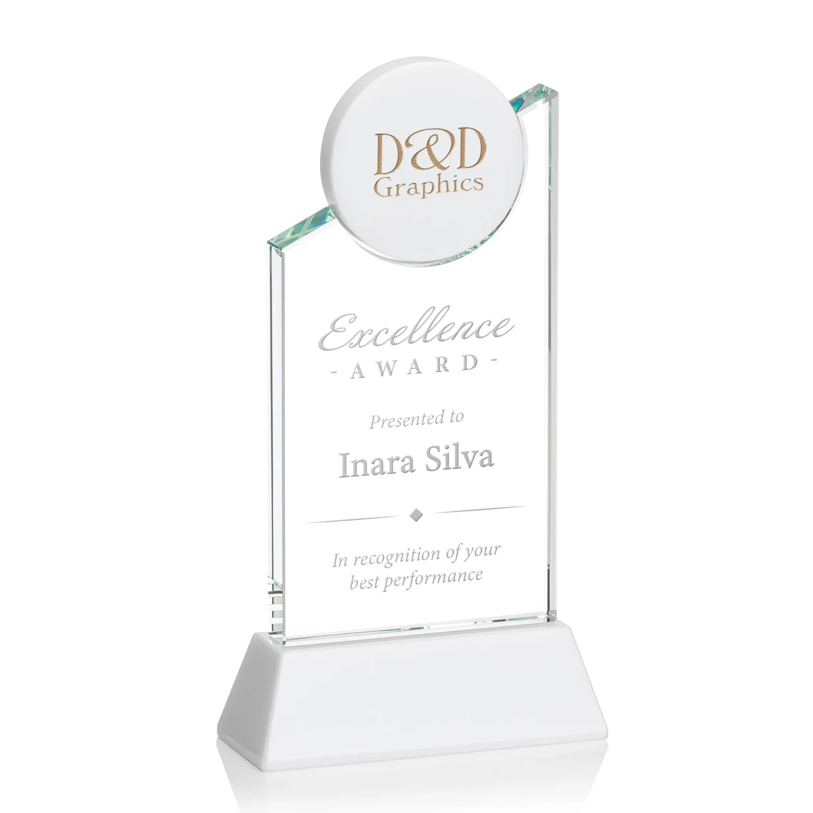 Custom Optical Crystal Tower Award with Colored Crystal Disc Inset, awards for graduation ceremonies