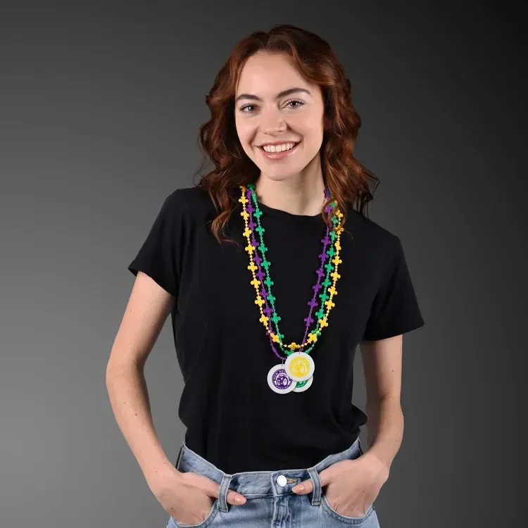 Fleur de Lis Beads for Mardi Gras with White Medallion — view 2
