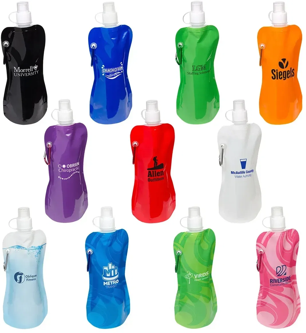 Flex Foldable 16 oz Water Bottle, custom branded collapsible bottle with carabiner, front view