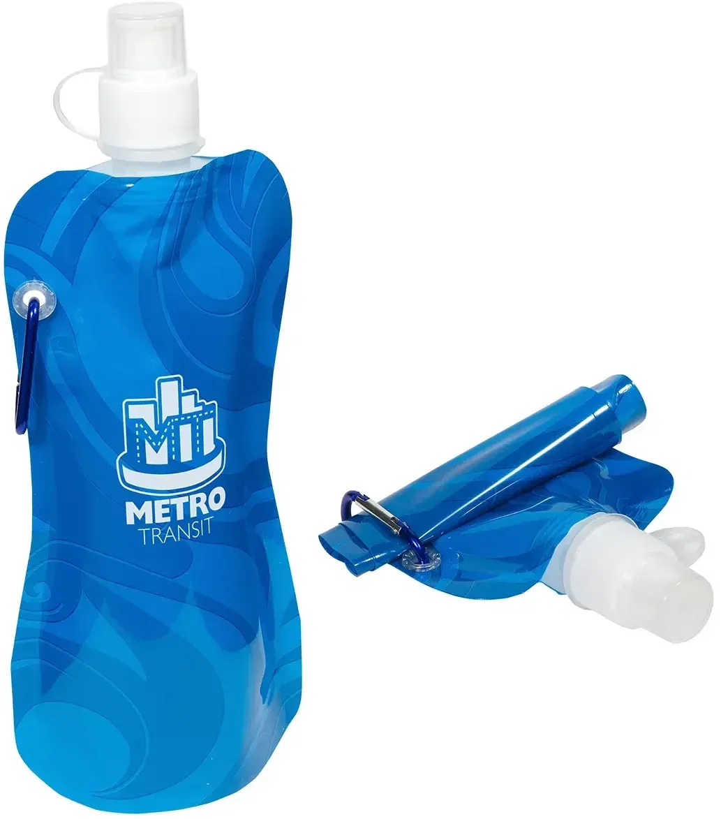 Branded Flex Foldable water bottle held in hand, travel lifestyle shot