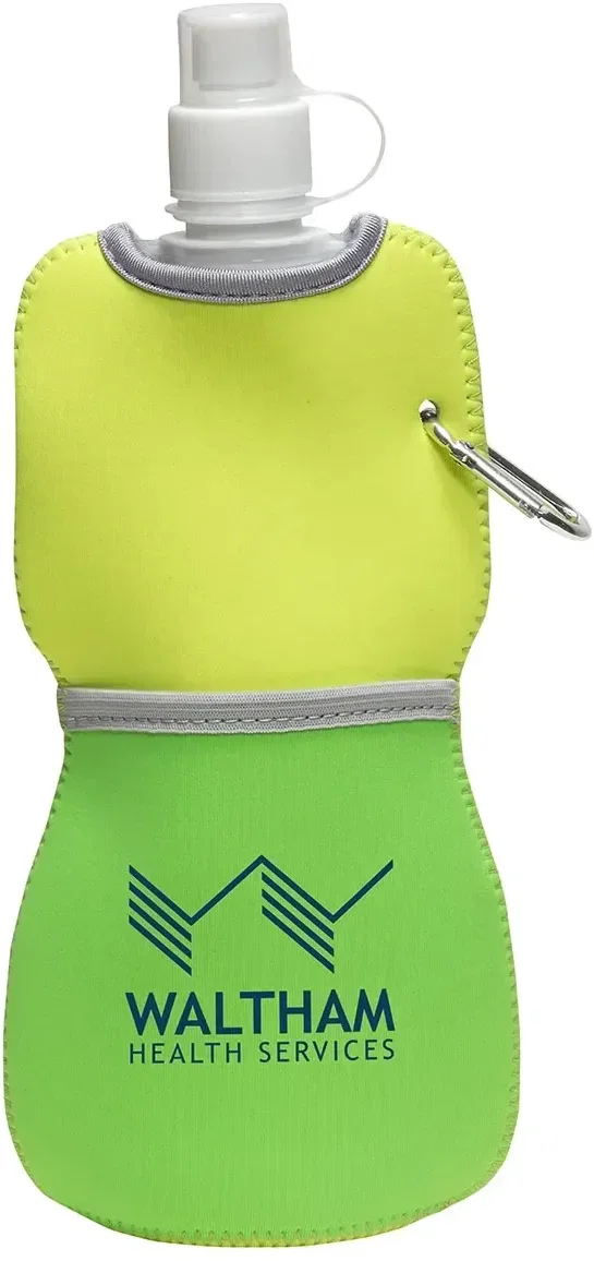 Custom branded water bottle in its insulating neoprene sleeve, side view