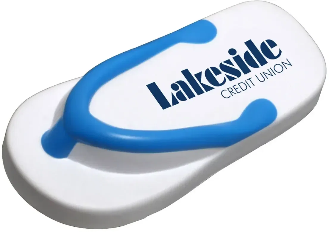 Flip flop sandal-shaped custom stress reliever squeeze toy with logo imprint, front view