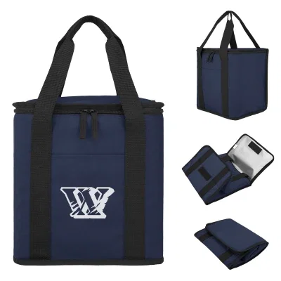 Foldable cooler bag holding up to 24 cans, shown zipped shut