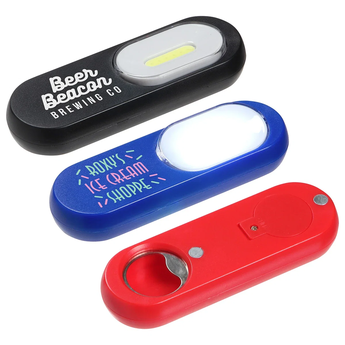 Flip 'N Flash COB light and bottle opener combo with magnetic back and ABS casing