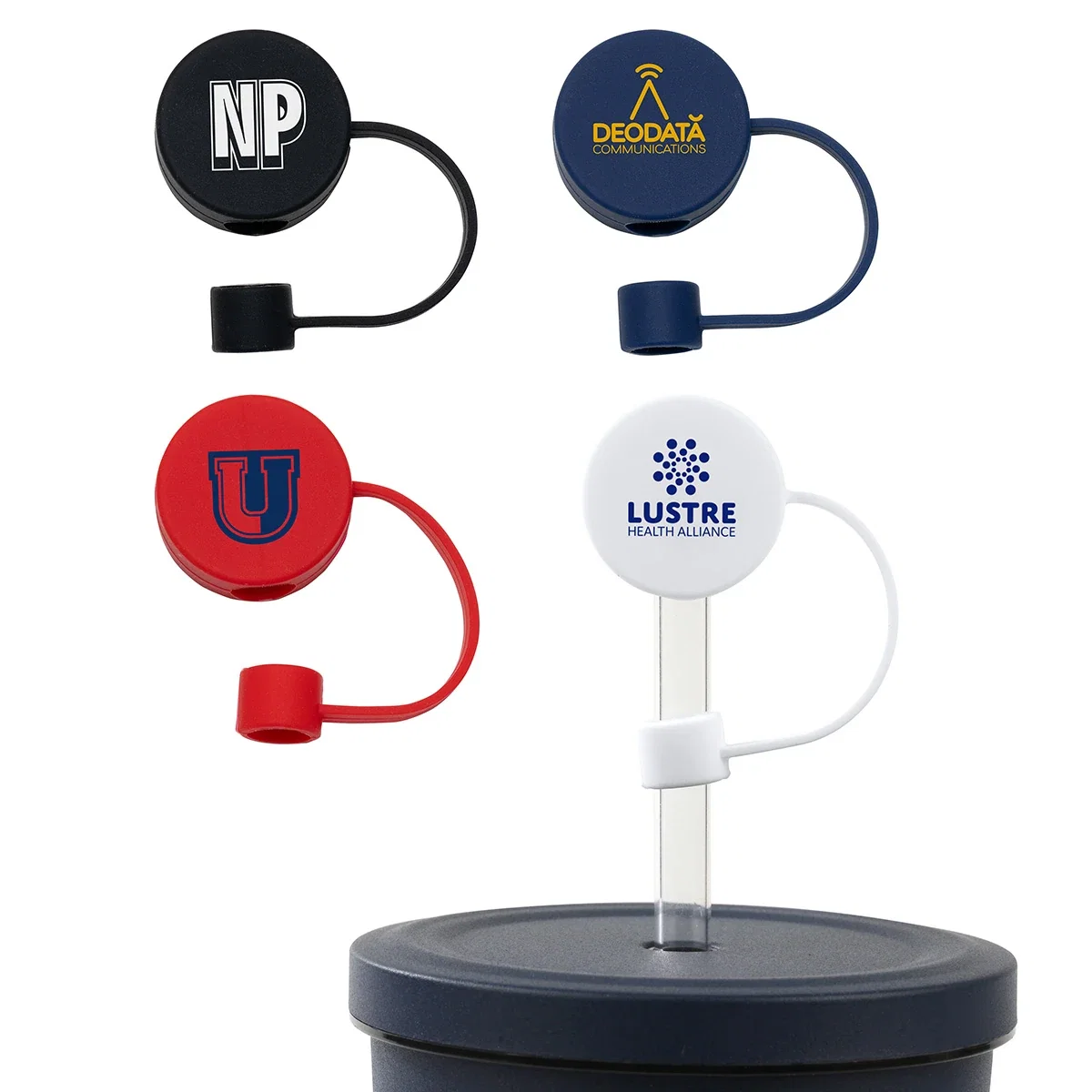 Custom Flip 'N Sip Silicone Straw Cap, front view of the branded straw topper