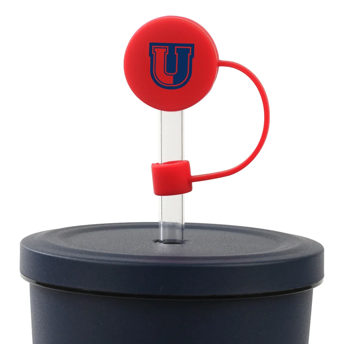 Close-up of the custom Flip 'N Sip Silicone Straw Cap's logo imprint area