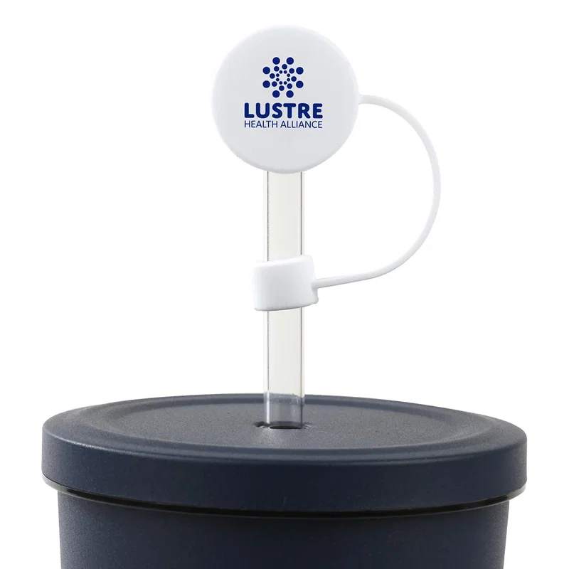 Promotional Flip 'N Sip Silicone Straw Cap in use on a tumbler lid