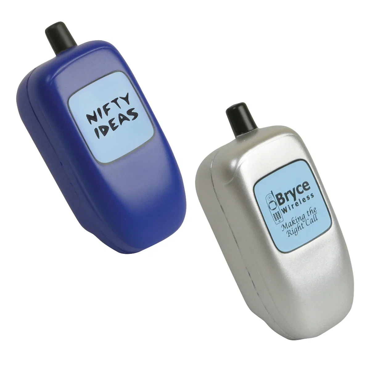 Flip phone shaped stress reliever with a printed screen detail, about 3.625 inches long
