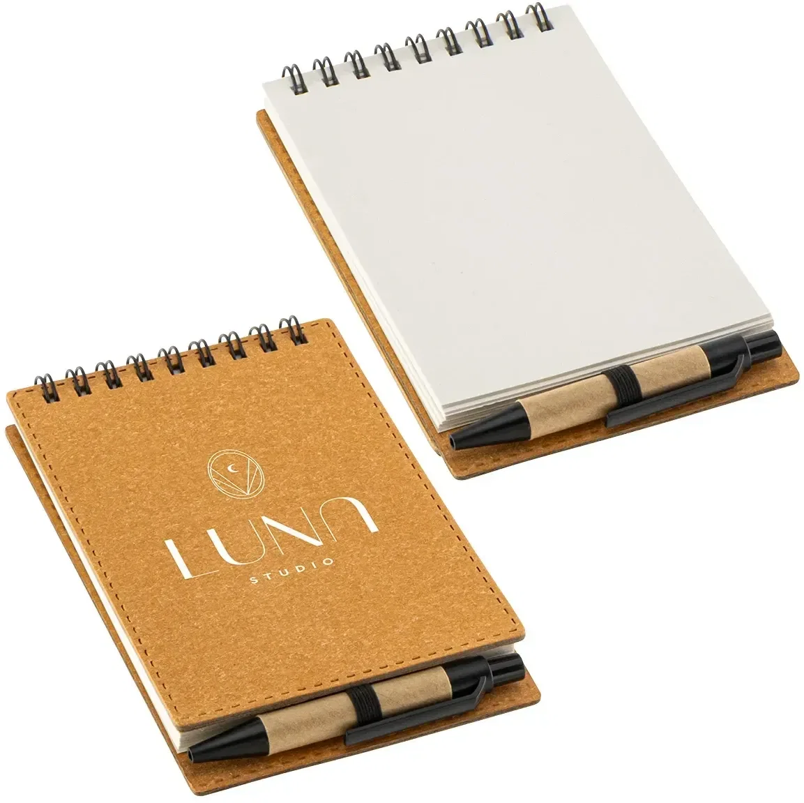 Custom Flip recycled spiral notebook with matching pen, front cover view