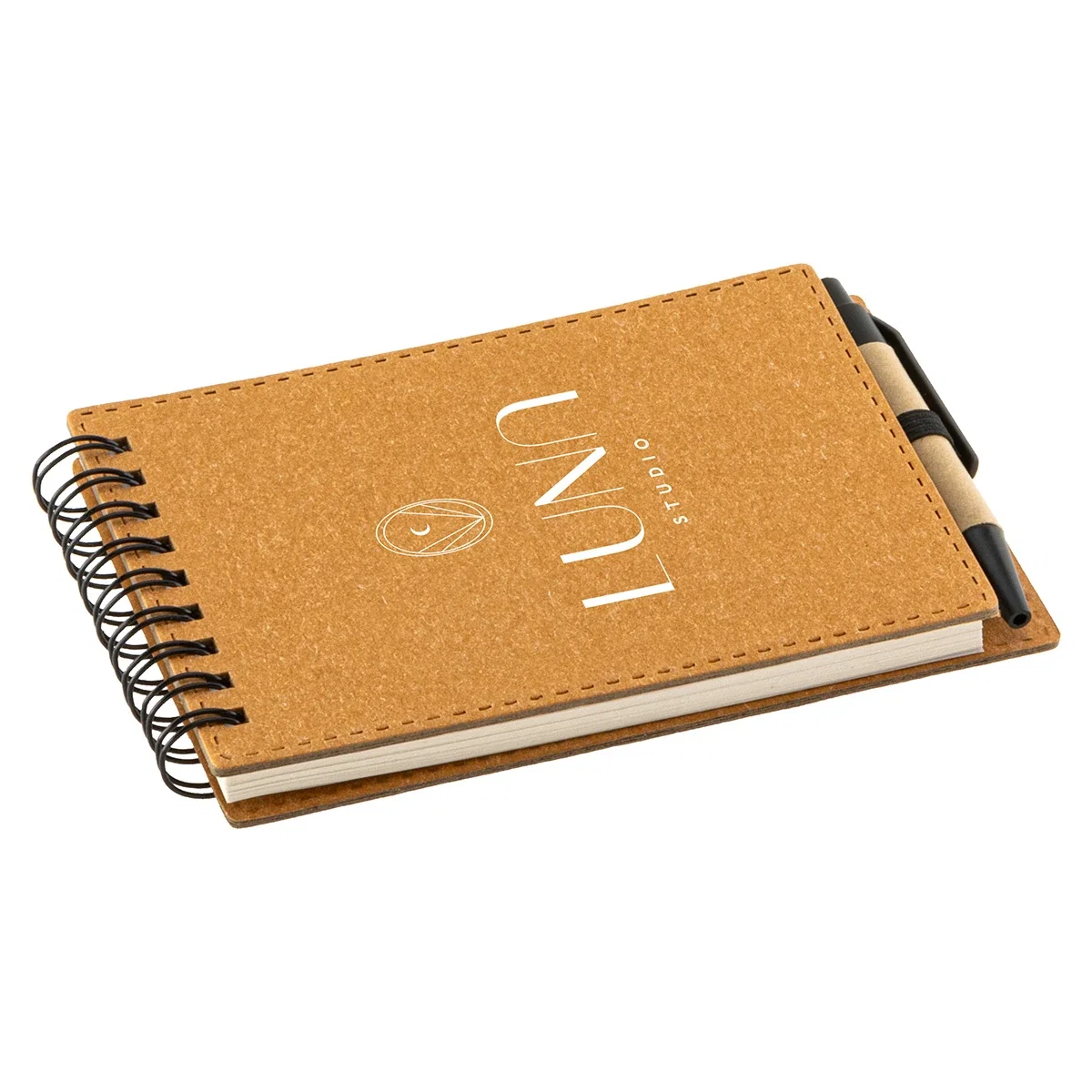 Custom recycled spiral notebook with pen holder detail