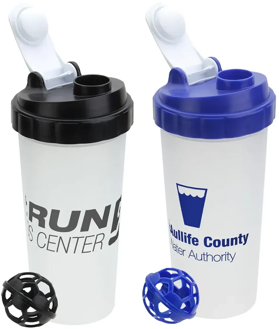 Flip-top 20 oz shaker bottle, custom branded promotional fitness drinkware, front view