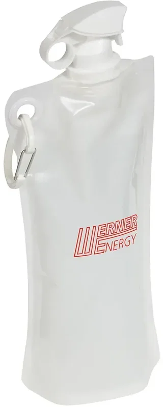Angled view of the branded foldable 27 oz water bottle showing its flip-top lid, custom promotional bottle