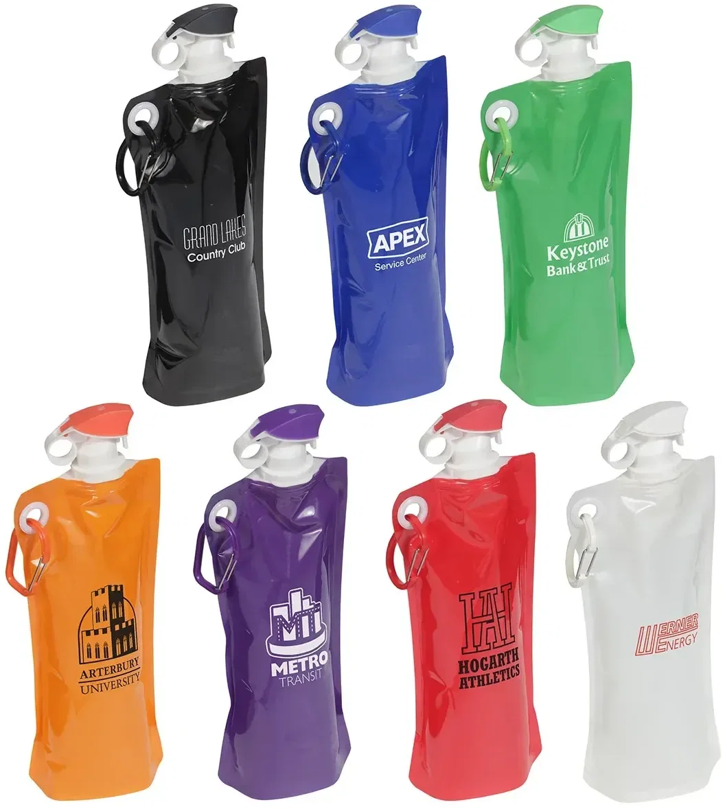 Custom branded flip-top foldable water bottle, front view of the 27 oz promotional bottle with logo area